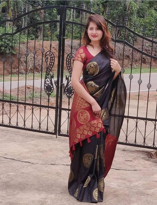 Attractive Black and Red Colour Lichi Silk saree  With Beautiful Rich Pallu And Jaquard Work On all Over The Saree