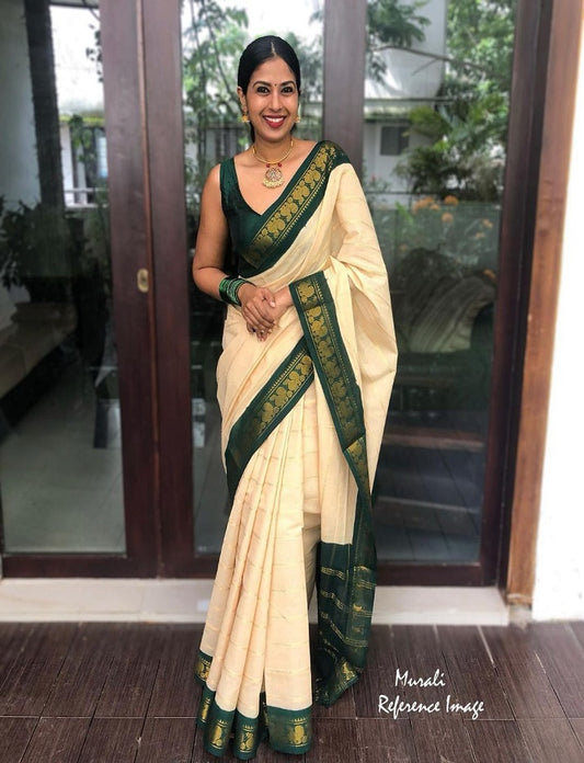 Women's Creamy Green kanchipuram Kanjivaram Lichi Traditional Style Silk Saree With Unstitched Blouse Piece