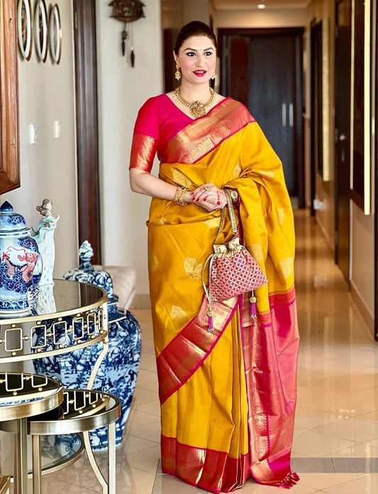 Yellow Jacquard Soft Lichi Silk Traditional Look Saree With Beautiful Rich Pallu and Unstitched Blouse Piece