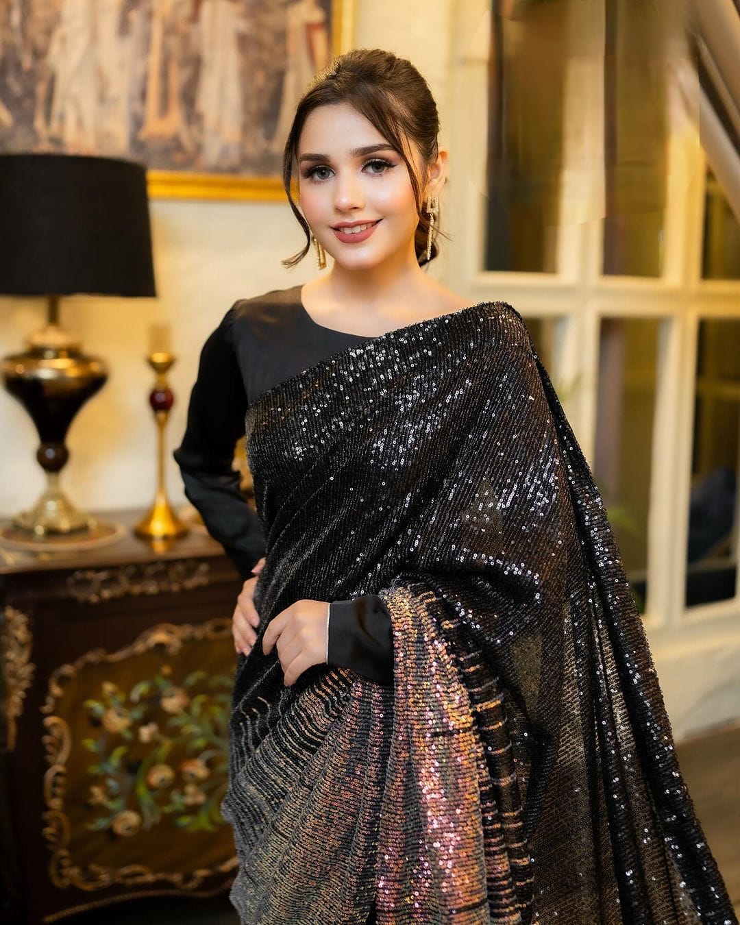 Black Color Heavy Dual Sequins Embroidery Work Saree For Women's