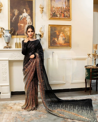 Black Color Heavy Dual Sequins Embroidery Work Saree For Women's