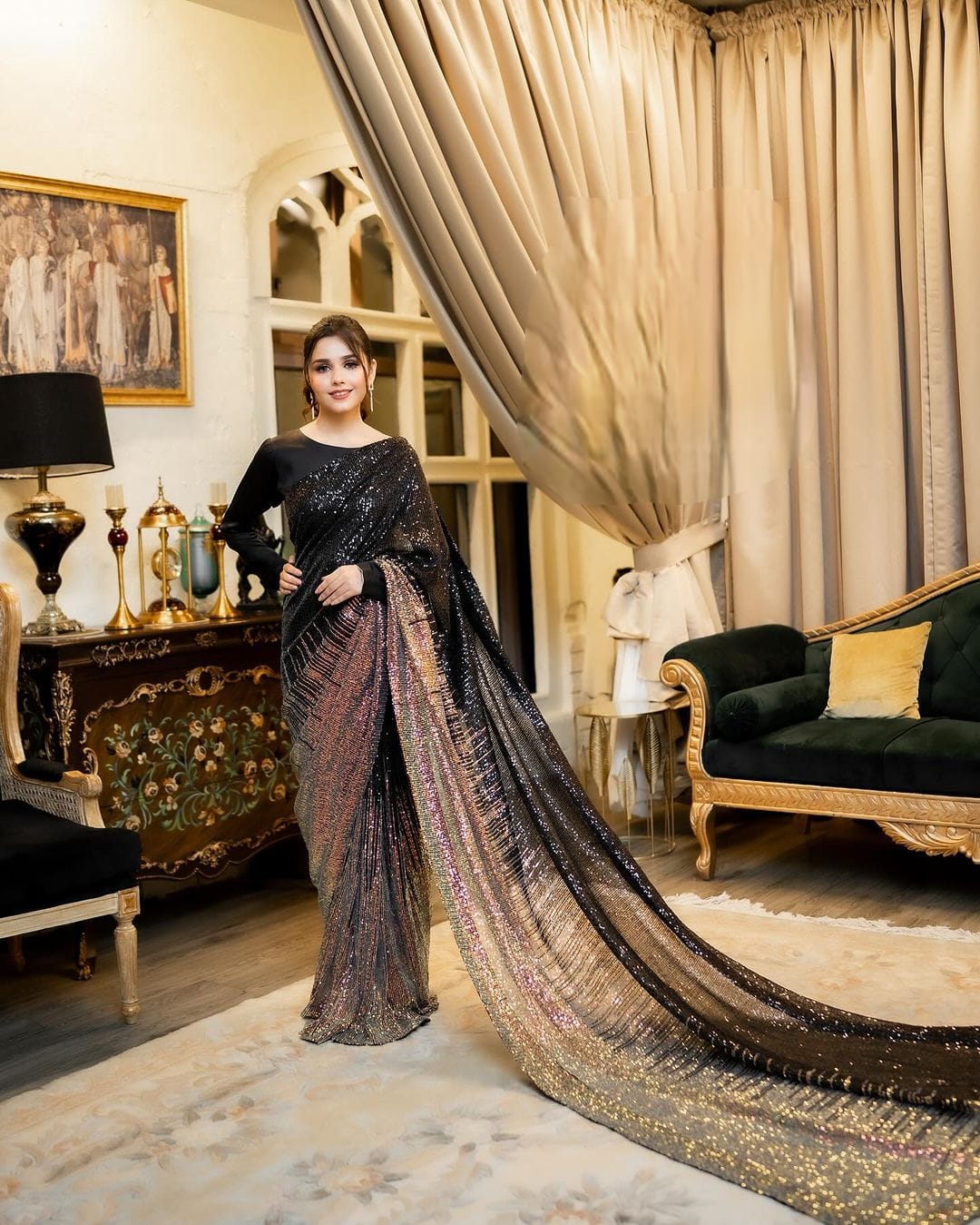 Black Color Heavy Dual Sequins Embroidery Work Saree For Women's