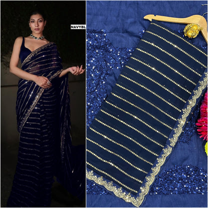 Black Bollywood Latest Stylish Function Soft Georgette Saree With heavy silk Blouse, Party Wear Wedding Saree