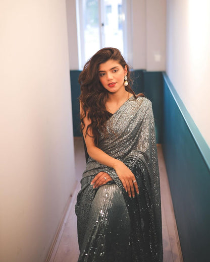 Black & Grey Georgette Sequence Embrodery Work Latest Bollywood Saree For Women's