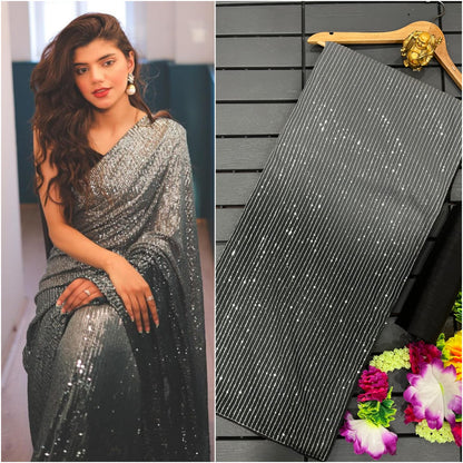 Black & Grey Georgette Sequence Embrodery Work Latest Bollywood Saree For Women's