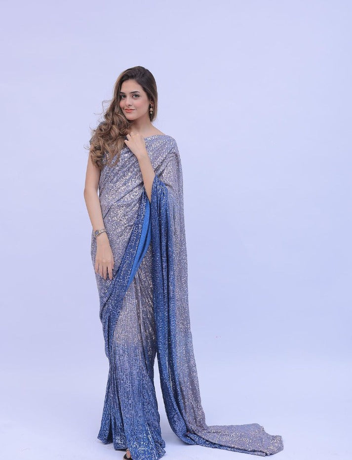 Fancy Blue Georgette Digital Printed Sequence Embroidery Saree For women's