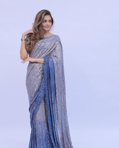 Fancy Blue Georgette Digital Printed Sequence Embroidery Saree For women's