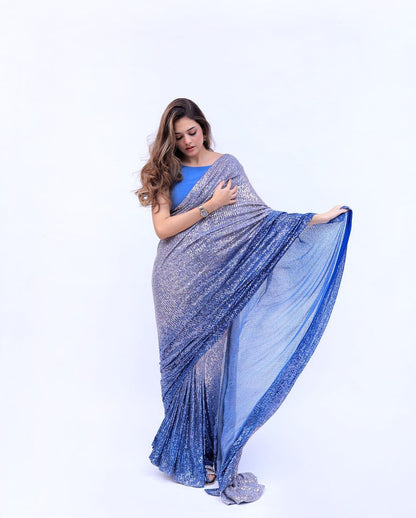 Fancy Blue Georgette Digital Printed Sequence Embroidery Saree For women's