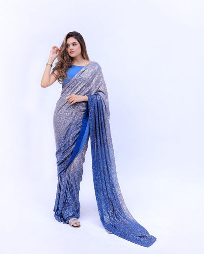 Fancy Blue Georgette Digital Printed Sequence Embroidery Saree For women's