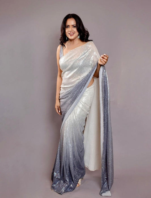 White Georgette Sequence Embrodery Work Latest Bollywood Saree For Women's