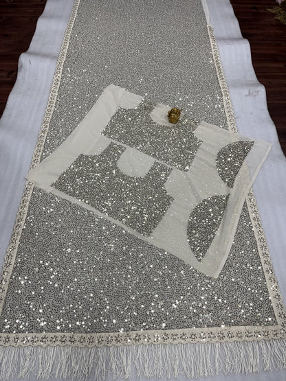 Beige Sequence Work Embroidery Party Wear Designer Saree, With blouse piece For Women's