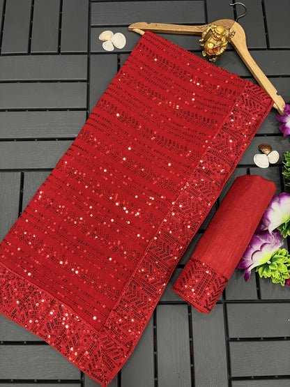 Womens Georgette Red Color Saree With Sequins Embroidery Work Saree