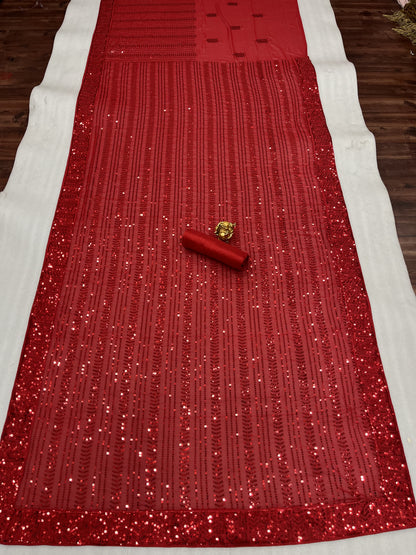 Womens Georgette Red Color Saree With Sequins Embroidery Work Saree
