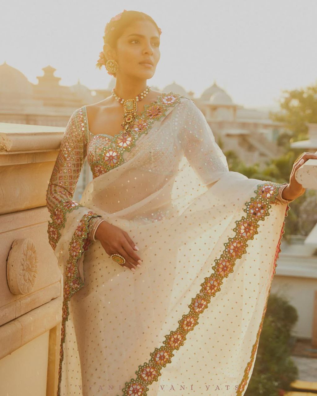 Bollywood Designer Saree for Women – Heavy Faux Georgette with Sequins & Mirror Work, Stitched Blouse