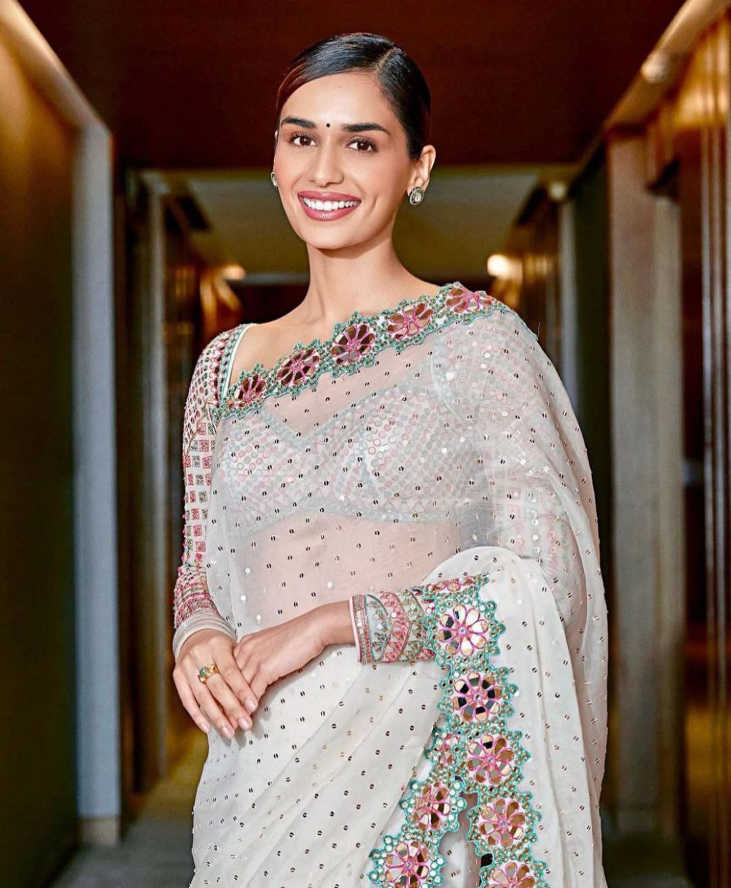 Bollywood Designer Saree for Women – Heavy Faux Georgette with Sequins & Mirror Work, Stitched Blouse