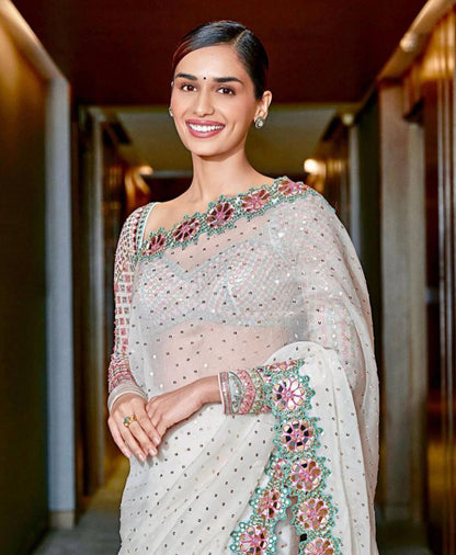 Bollywood Designer Saree for Women – Heavy Faux Georgette with Sequins & Mirror Work, Stitched Blouse
