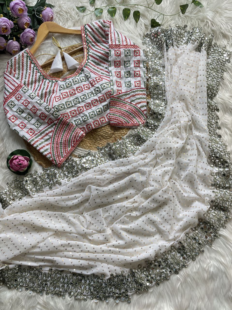 Bollywood Designer Saree for Women – Heavy Faux Georgette with Sequins & Mirror Work, Stitched Blouse