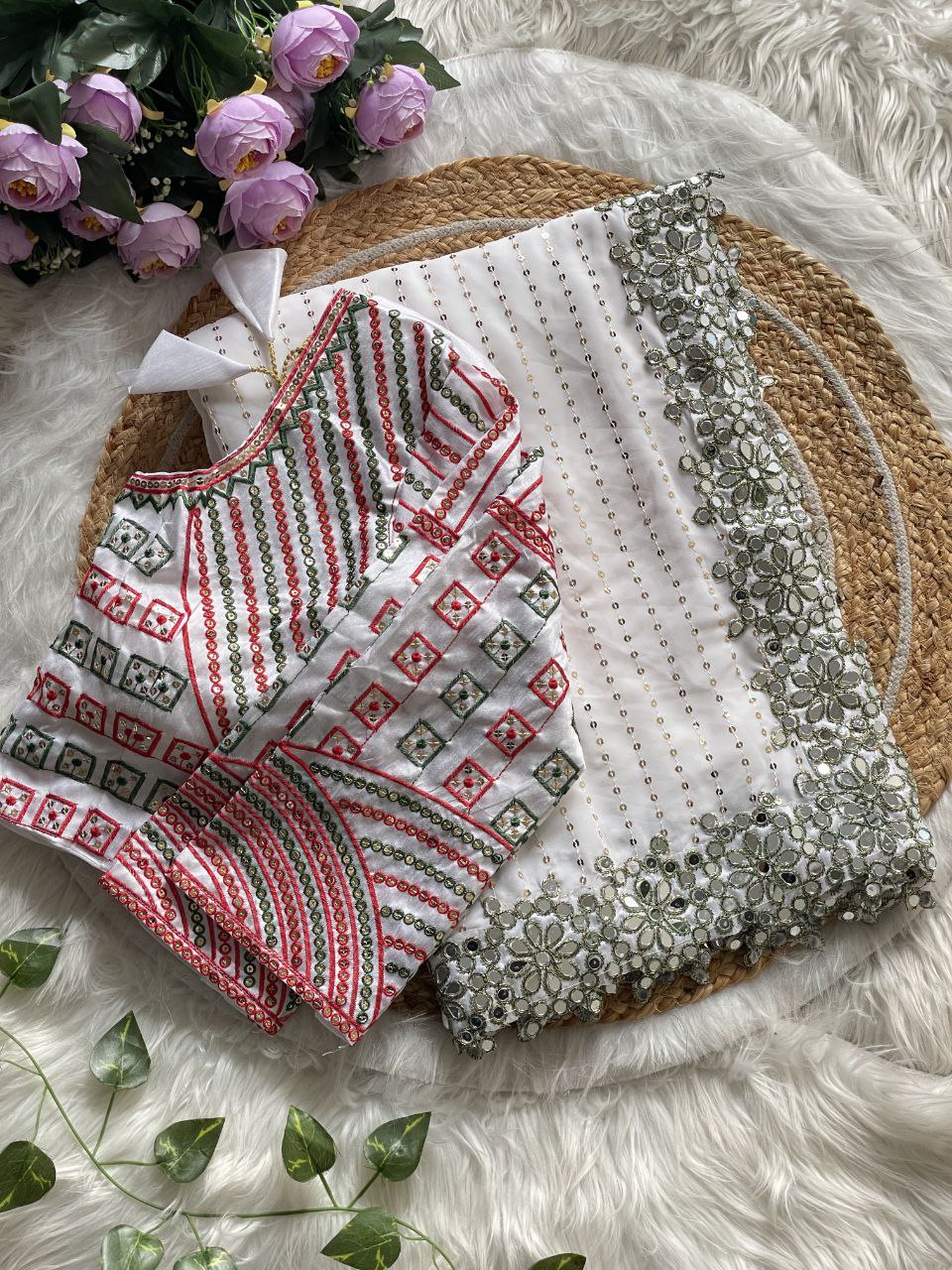 Bollywood Designer Saree for Women – Heavy Faux Georgette with Sequins & Mirror Work, Stitched Blouse