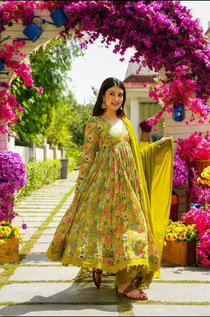 BLUE & YELLOW GEORGETTE PRINT AND FULL LINING WITH PENT AND NAZNEEN DUPATTA