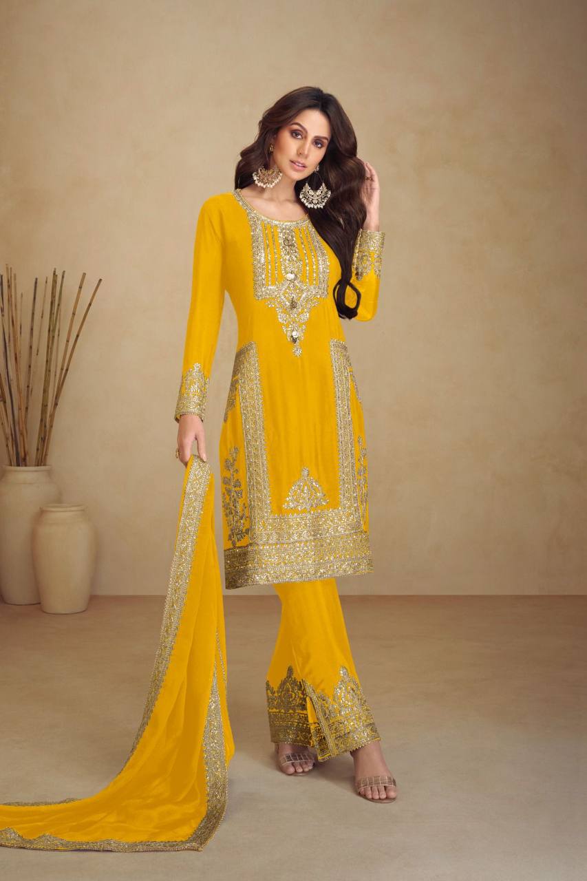 Kurti Pant 3 pcs Pair Embroidered Attractive Party Wear Chinon Silk Fabric Kurti Pair has a Regular-fit