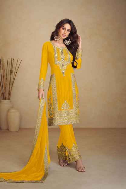 Kurti Pant 3 pcs Pair Embroidered Attractive Party Wear Chinon Silk Fabric Kurti Pair has a Regular-fit