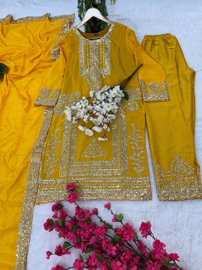 Kurti Pant 3 pcs Pair Embroidered Attractive Party Wear Chinon Silk Fabric Kurti Pair has a Regular-fit