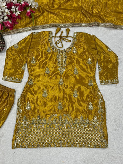 Women’s Heavy Chinon Silk Sharara Set with Dupatta | Sequence Embroidery Work | Fully Stitched Top and Palazzo | Party & Festive Wear