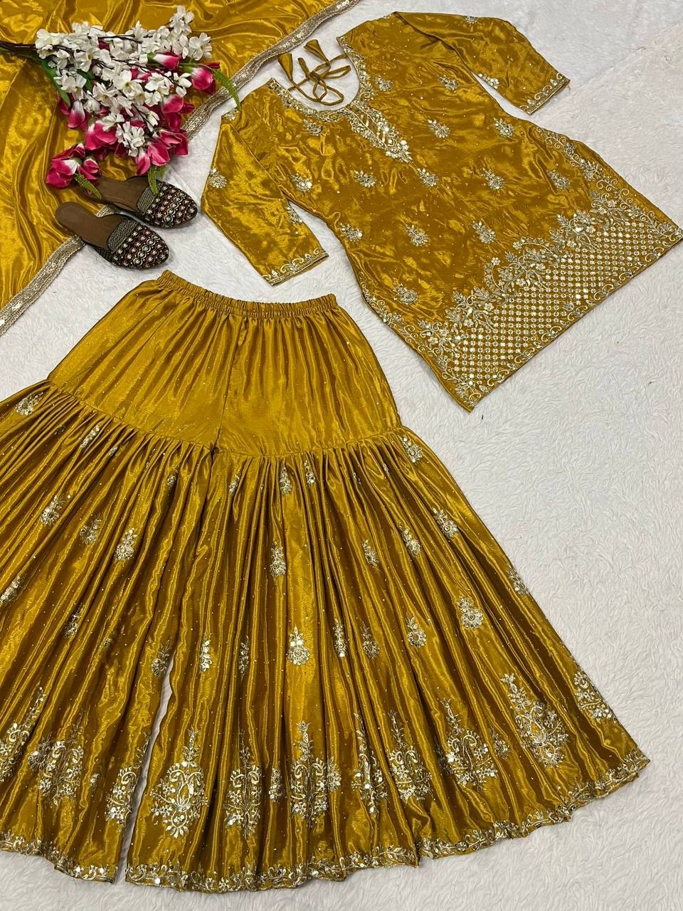 Women’s Heavy Chinon Silk Sharara Set with Dupatta | Sequence Embroidery Work | Fully Stitched Top and Palazzo | Party & Festive Wear