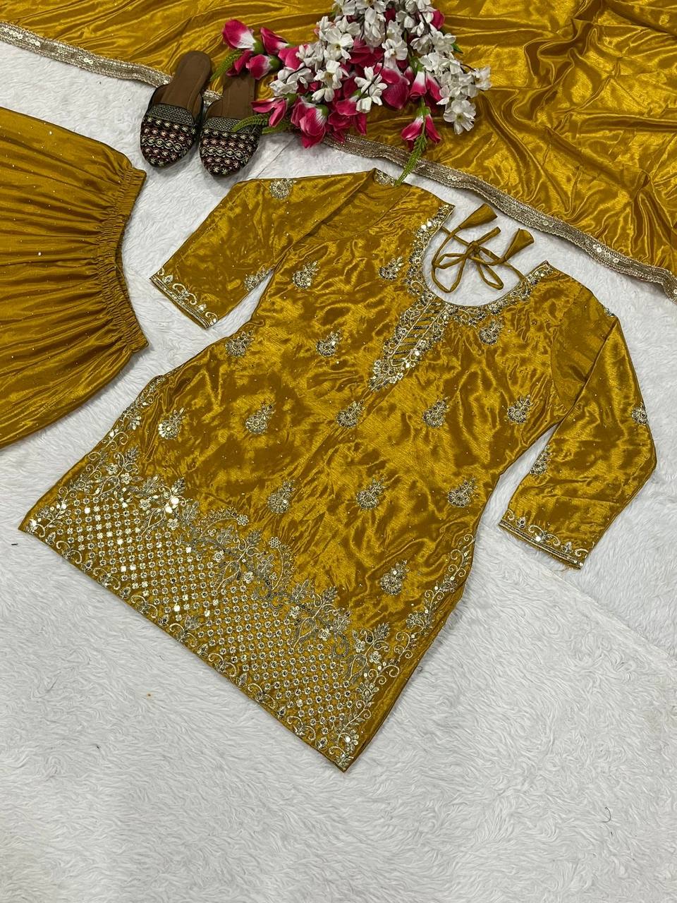 Women’s Heavy Chinon Silk Sharara Set with Dupatta | Sequence Embroidery Work | Fully Stitched Top and Palazzo | Party & Festive Wear