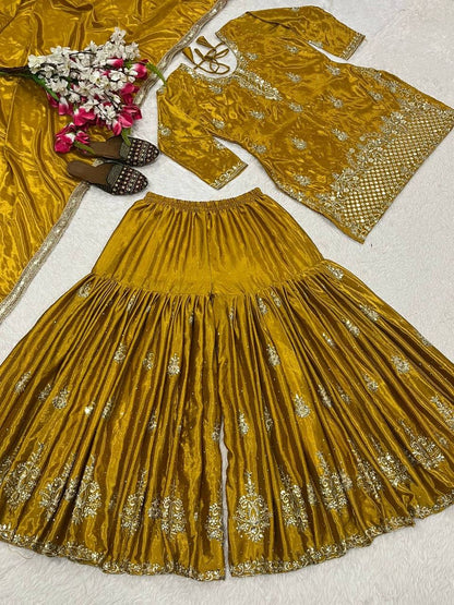 Women’s Heavy Chinon Silk Sharara Set with Dupatta | Sequence Embroidery Work | Fully Stitched Top and Palazzo | Party & Festive Wear