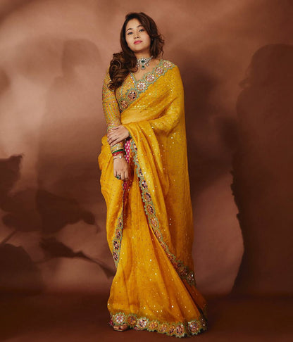 Bollywood Designer Saree for Women – Heavy Faux Georgette with Sequins & Mirror Work, Stitched Blouse