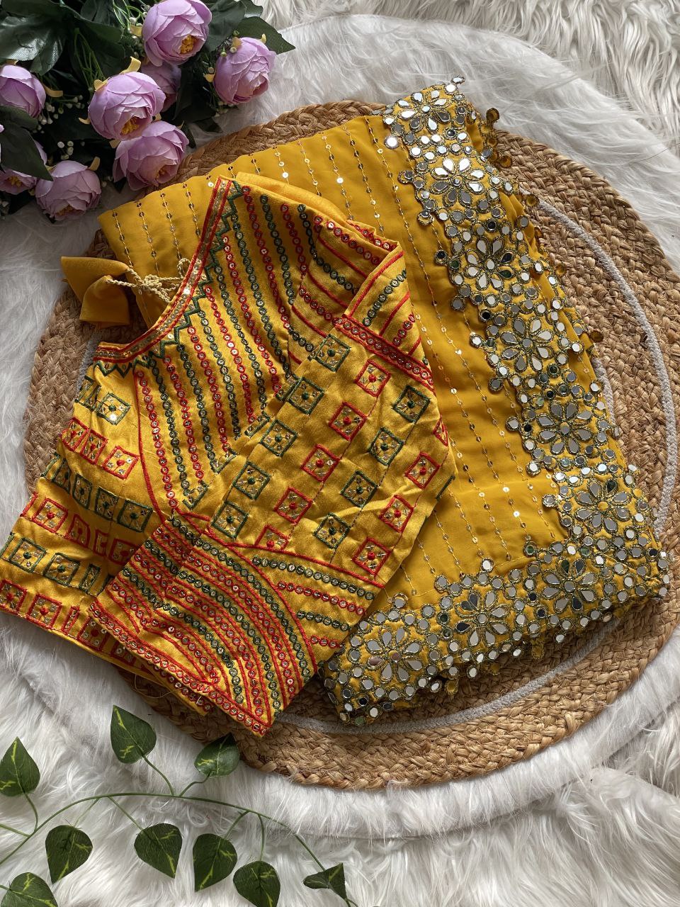 Bollywood Designer Saree for Women – Heavy Faux Georgette with Sequins & Mirror Work, Stitched Blouse