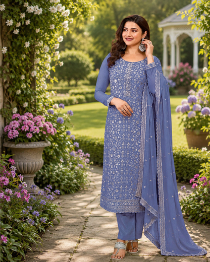 Fancy Look Women Pakistani Suit Vichitra Silk Sequence Embroidery Wonderful Semi-Stitched Salwar Suit Material