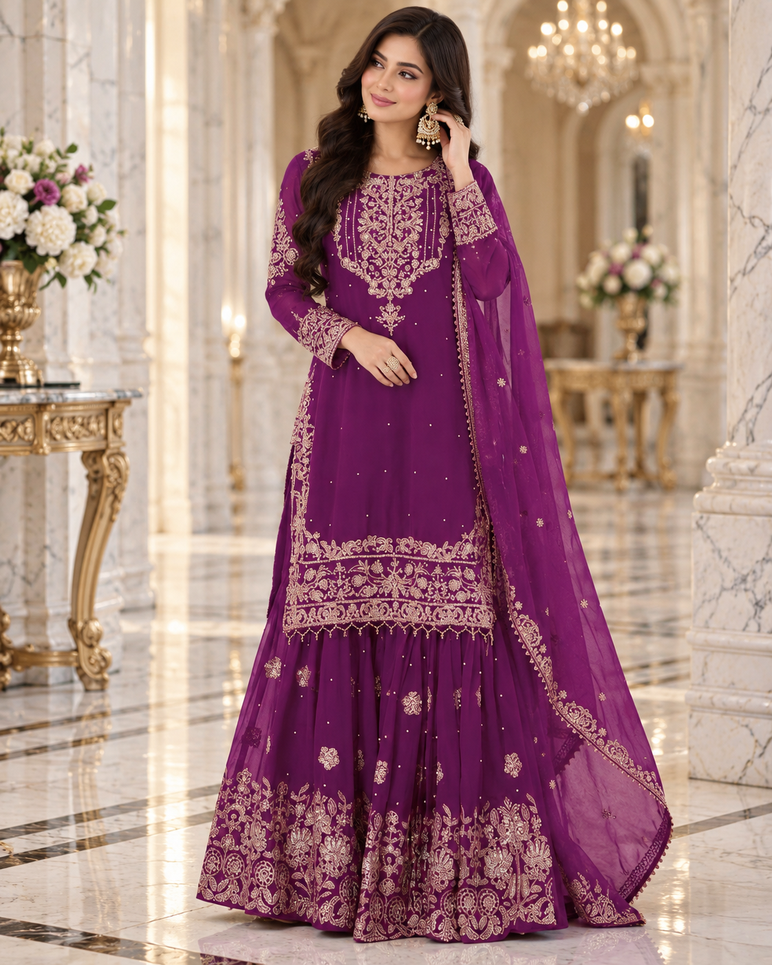 Function Wear Chinon Coding Sequence Embroidery Work Wonderful Semi-Stitched Sharara Suit
