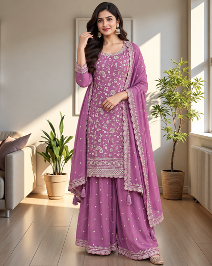 Attractive Vichitra Silk Sequence Embroidery Multi Purpose Semi-Stitched Pakistani Sharara Suit Material