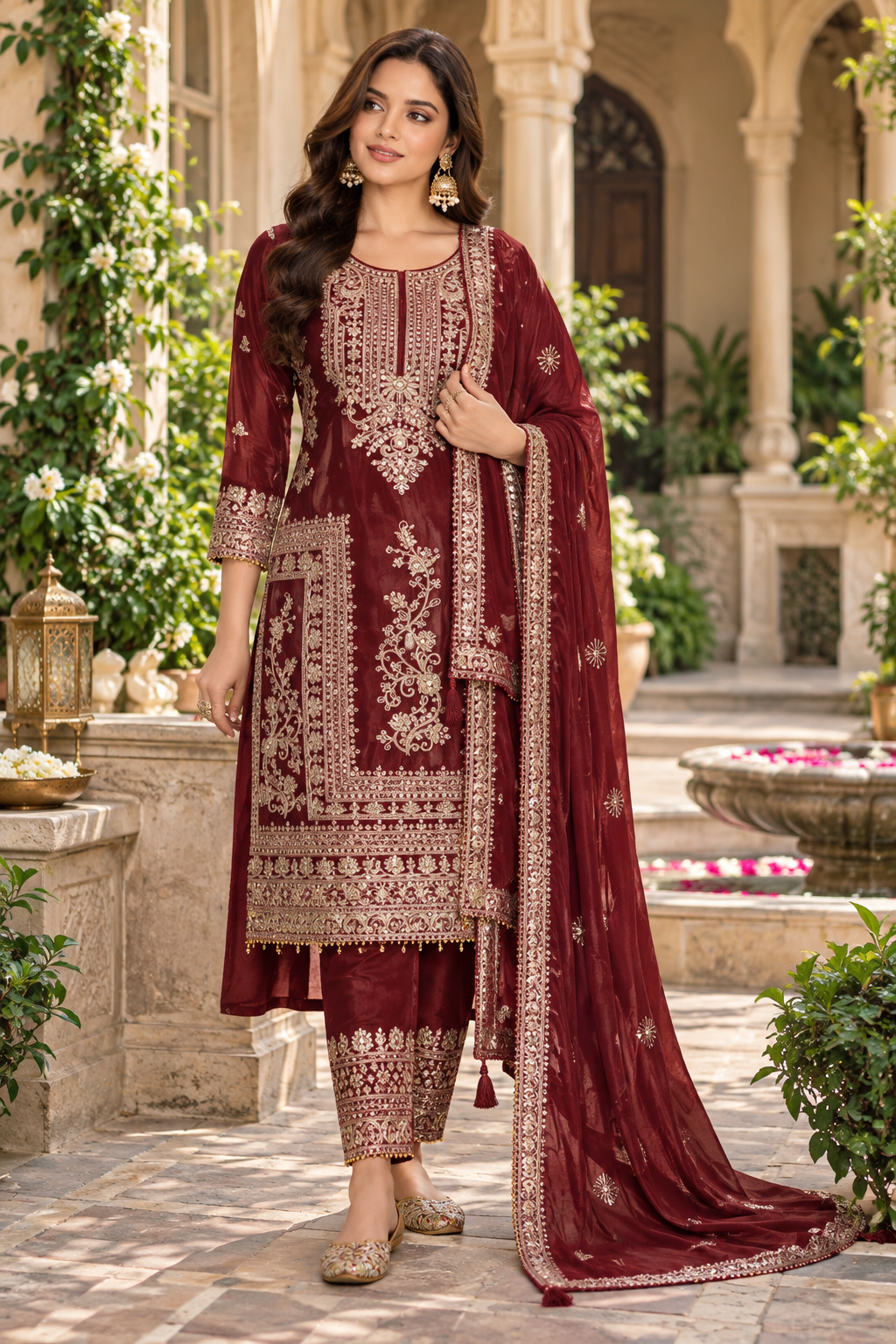 Women's Ethnic Motifs Embroidered Regular Sequinned Kurta with Trousers & Dupatta