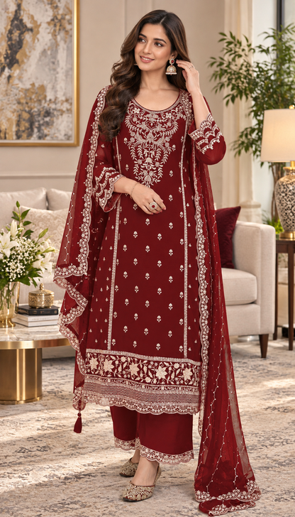 Heavy Work Chinon Sequence Embroidery Beautiful Semi-Stitched Pakistani Salwar Suit Material