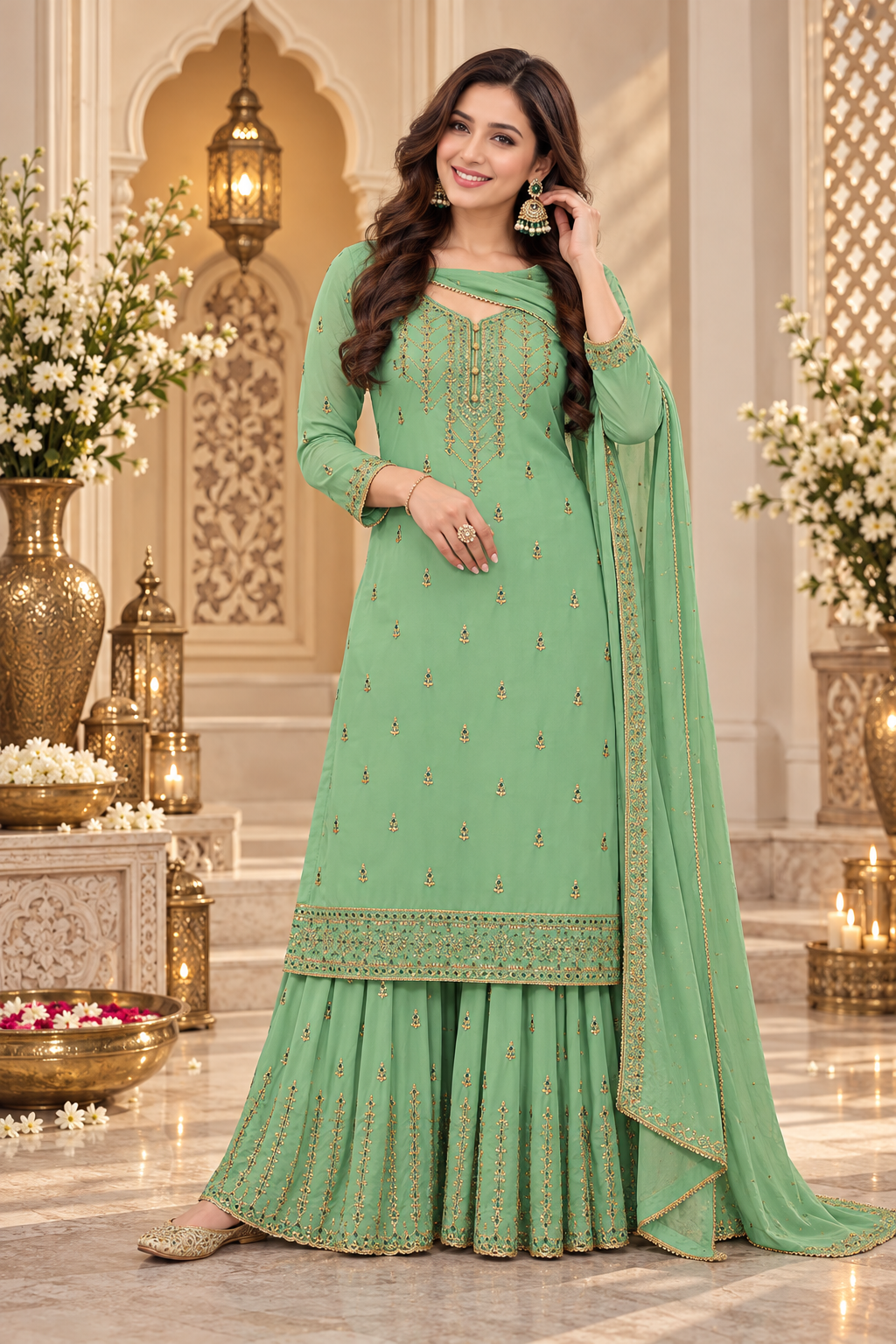 Pakistani Women's Light Weight Georgette Zari Embroidered Beautiful Semi-Stitched Sharara Suit