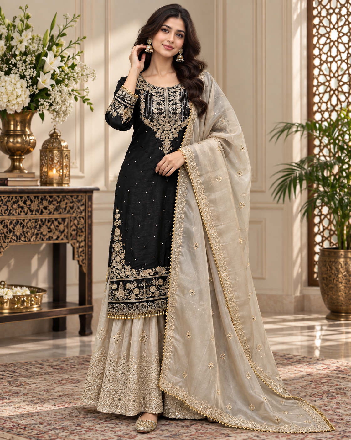 Function Wear Chinon Coding Sequence Embroidery Work Wonderful Semi-Stitched Sharara Suit