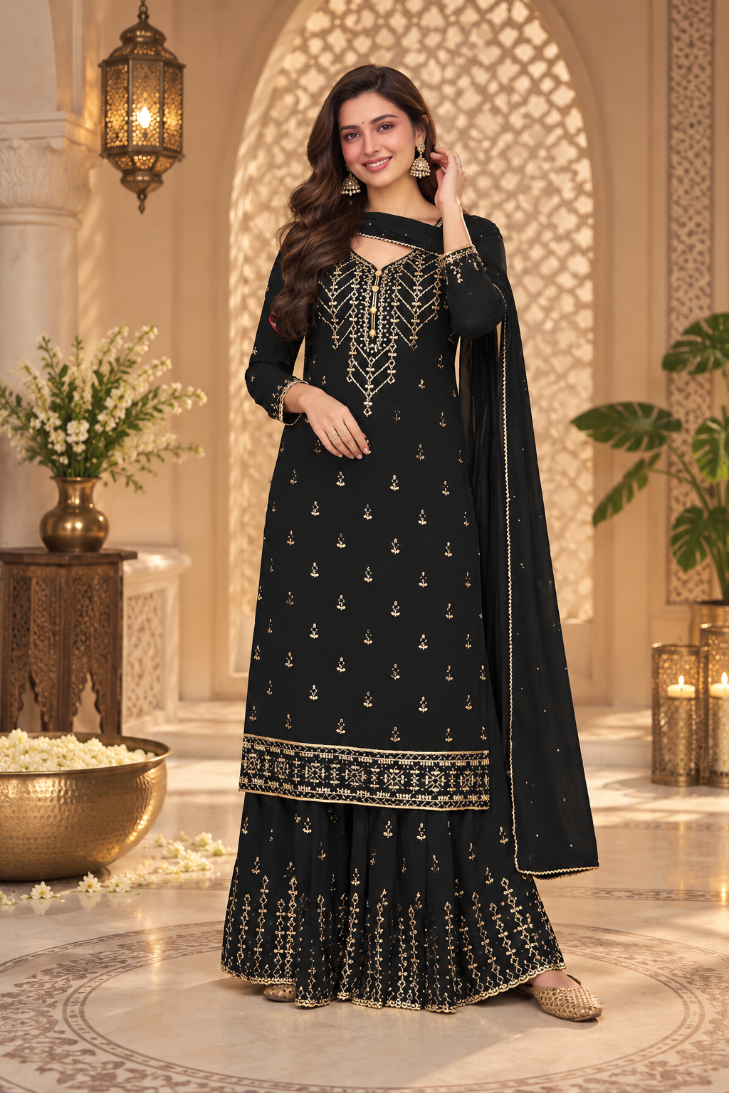 Pakistani Women's Light Weight Georgette Zari Embroidered Semi-Stitched Sharara Suit