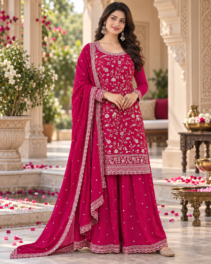 Beautiful Vichitra Silk Sequence Embroidery Multi Purpose Semi-Stitched Pakistani Sharara Suit Material