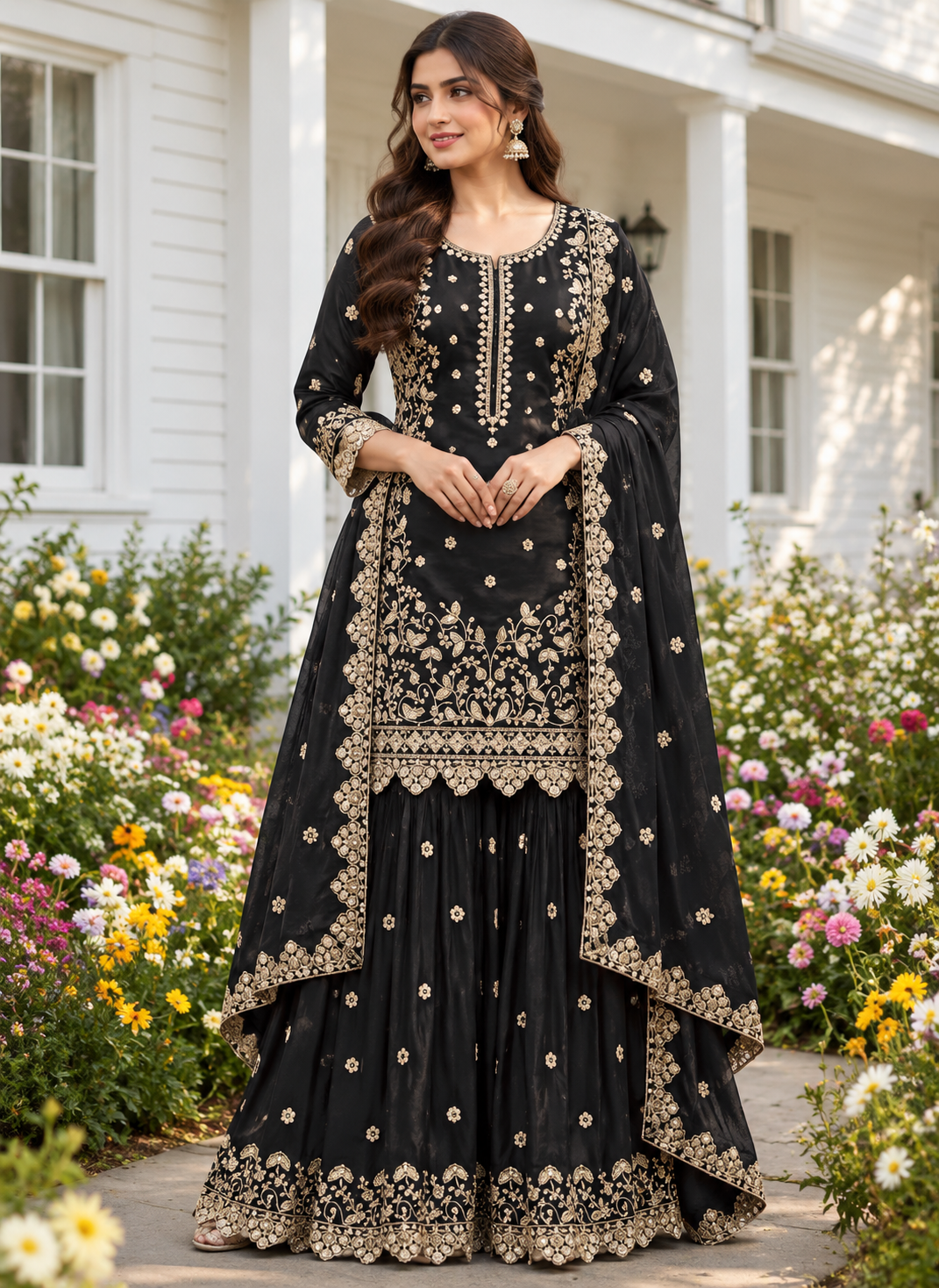 Exclusive And Designer Chinon Coding Sequence Embroidery Work Wonderful Semi-Stitched Sharara Suit