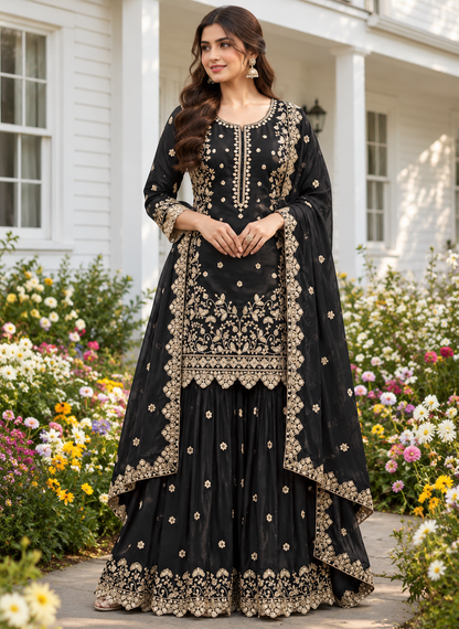 Exclusive And Designer Chinon Coding Sequence Embroidery Work Wonderful Semi-Stitched Sharara Suit