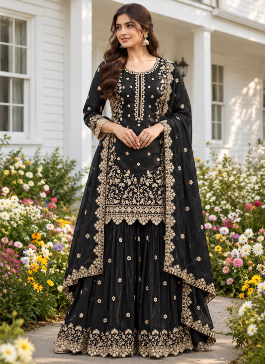 Exclusive And Designer Chinon Coding Sequence Embroidery Work Wonderful Semi-Stitched Sharara Suit
