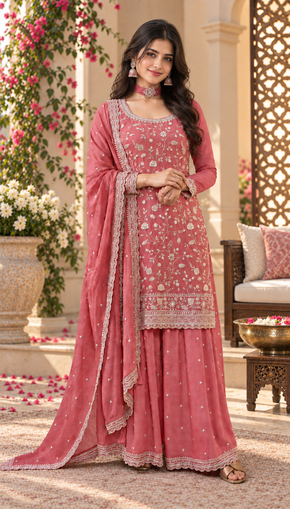 Beautiful Vichitra Silk Sequence Embroidery Multi Purpose Semi-Stitched Pakistani Sharara Suit Material