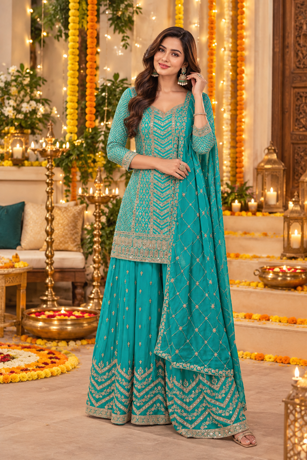 Festival Wear Heavy Chinon Sequence Embroidery Beautiful Semi-Stitched Sharara Suit Material Pakistani Salwar Suit Material