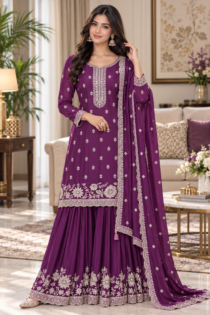 Trending Pakistani Suit Chinon Sequence Embroidery Work Wonderful Semi-Stitched Sharara Suit