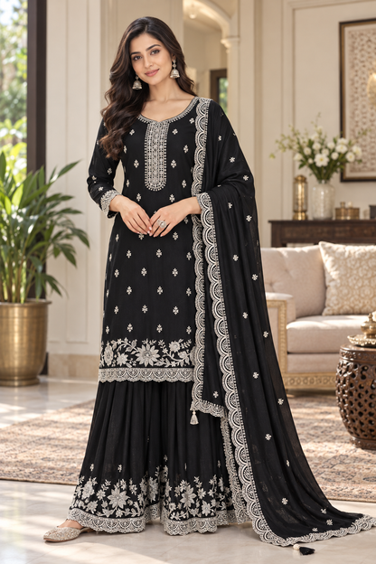 Trending Pakistani Suit Chinon Sequence Embroidery Work Wonderful Semi-Stitched Sharara Suit