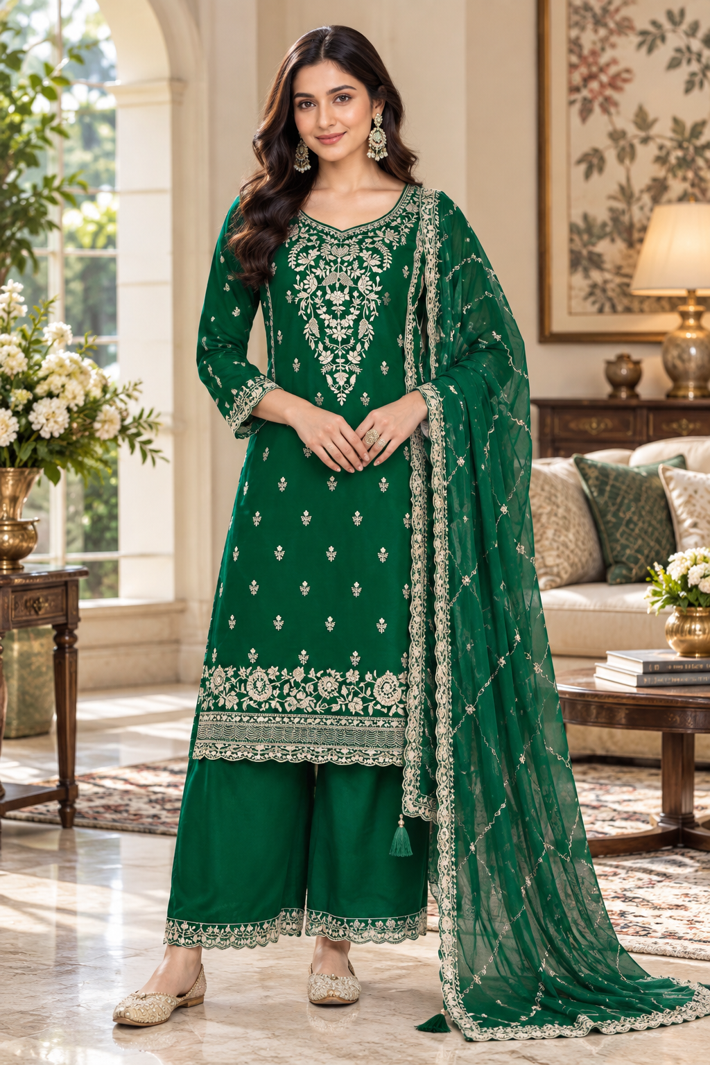 Trending Pakistani Suit Fantastic Look Chinon Sequence Embroidery Wonderful Semi-Stitched Salwar Suit Material