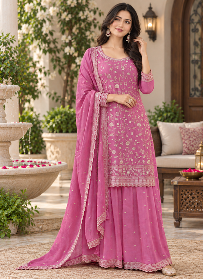 Beautiful Vichitra Silk Sequence Embroidery Multi Purpose Semi-Stitched Pakistani Sharara Suit Material